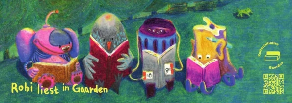 Lesezeichen mit Robi ganz links und 3 anderen Wesen di iM Werftpark Bücher lesen